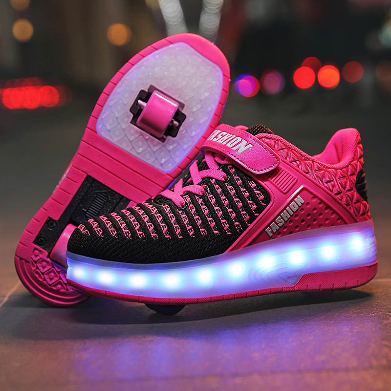 Роликовые Кроссовки с LED Подсветкой, Малиновые на 2-х Колесах, Размеры ...