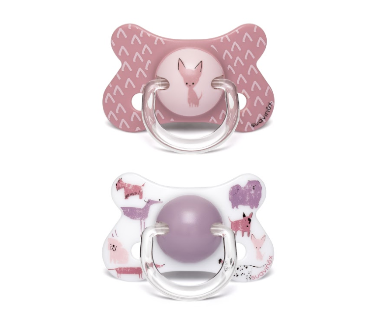 Suavinex — Набір пипочок із фізіологічною (круглою) соскою "Історія цуценят", колір рожевий (+18 міс)