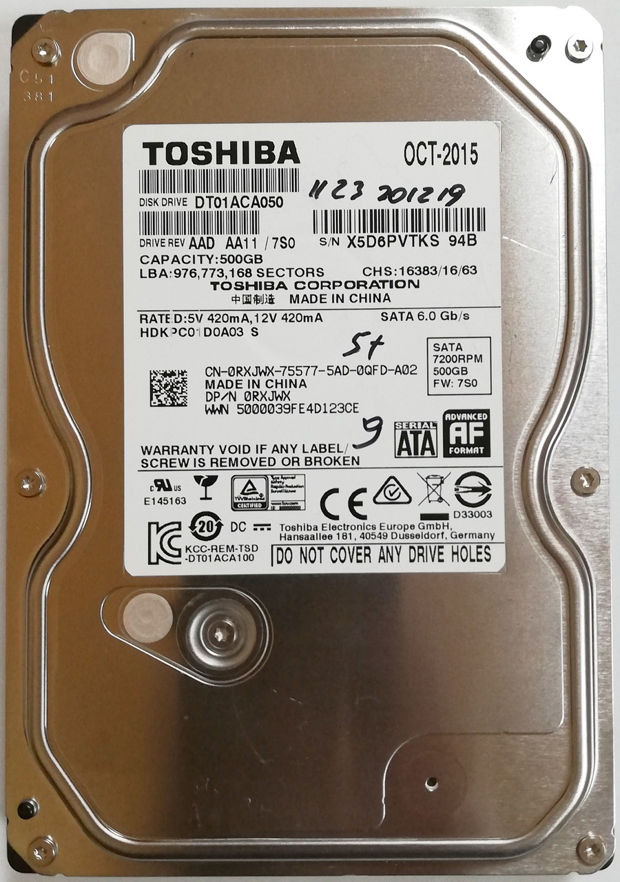 Жесткий диск для компьютера Toshiba 500GB 3.5" 7200rpm 32MB 6Gb/s (DT01ACA050) SATA-III Б/У - фото 1 - id-p1101223236
