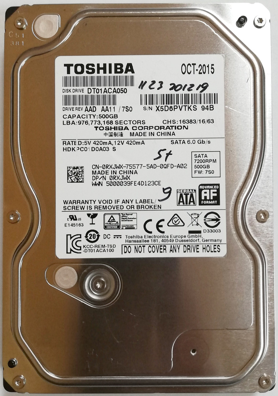 Жорсткий диск для комп'ютера 500GB Toshiba 3.5" 7200rpm 32MB 6Gb/s (DT01ACA050) SATA-III Б/В