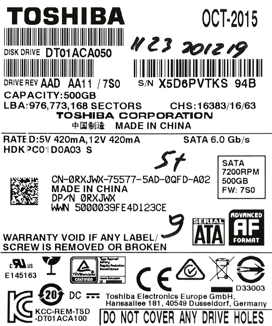 Жесткий диск для компьютера Toshiba 500GB 3.5" 7200rpm 32MB 6Gb/s (DT01ACA050) SATA-III Б/У - фото 2 - id-p1101223236