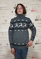 Вязаный молодёжный серый свитер c оленями размер M,L,XL,XXL
