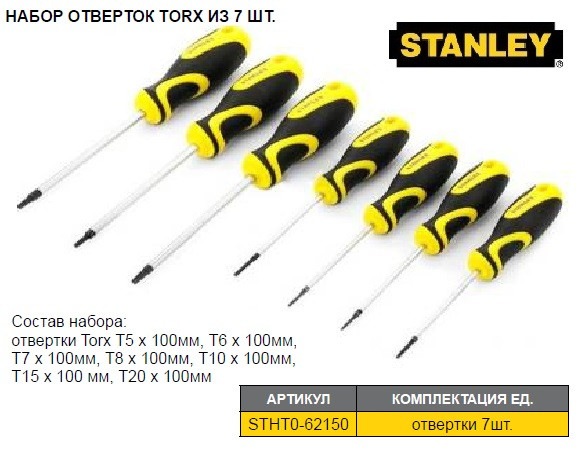 Набор отверток STANLEY Torx T5, 6, 7, 8, 10, 15, 20 7 штук STHT0-62150