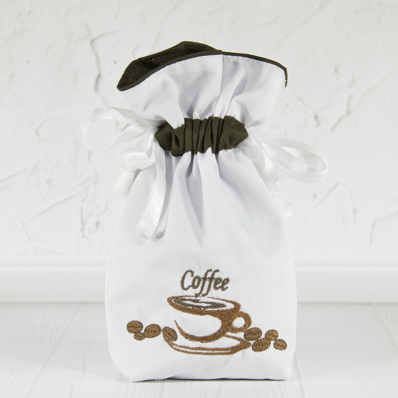 Мішечок для зберігання кави / подарунковий із зав'язками / вишивка машинна - чашка кави / ПП"Cвітлана-К"