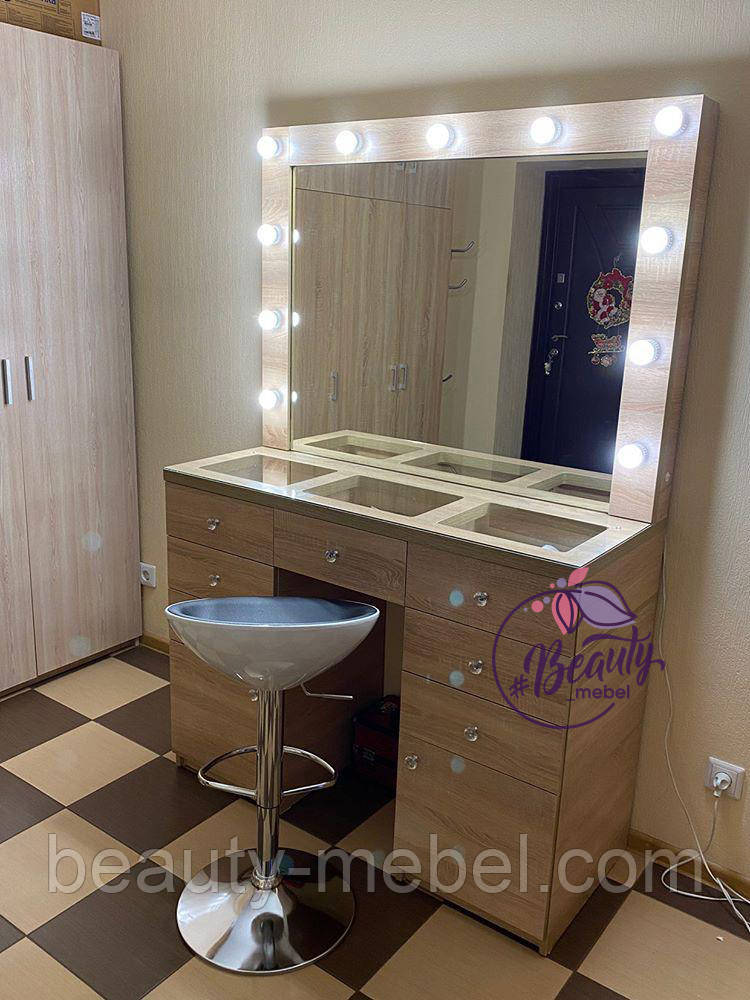 Стіл для візажиста зі стільницею-вітриною, колір - дуб сонома., фото 1