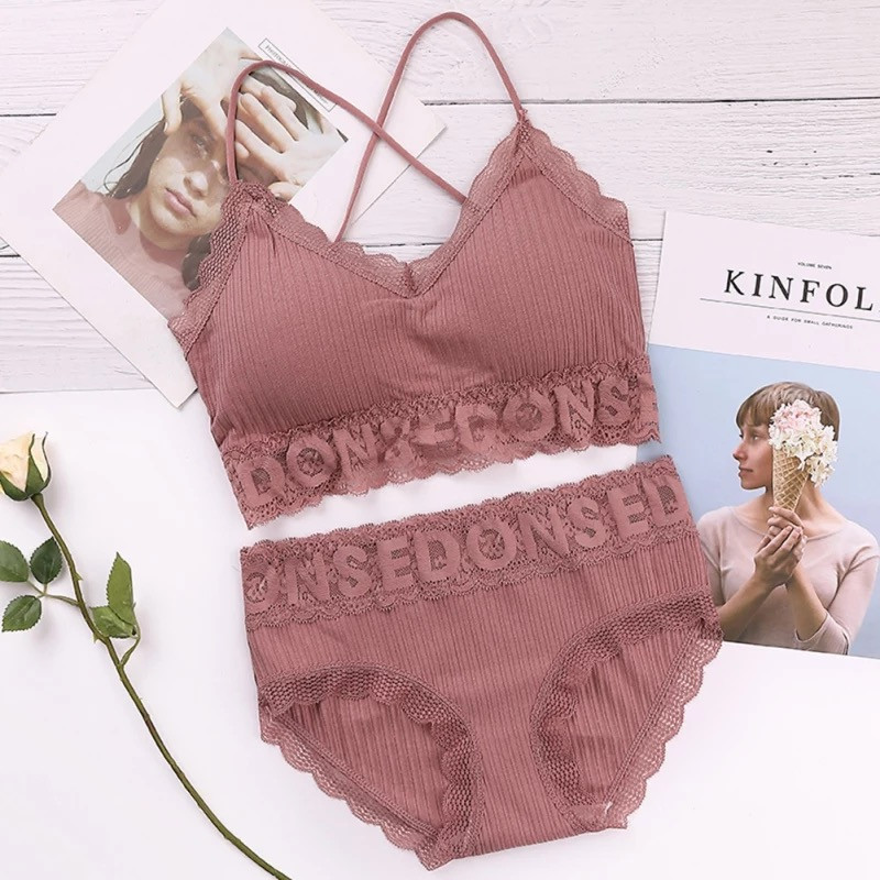 Комплект білизни в рубчик, з мереживом із хлопку, FINETOO, (браллет 1.5-ка + трусики сліпи)