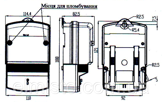 Габаритні і настановні розміри однофазного лічильника НІК 2102-02.M2