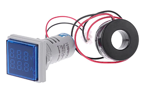 Вольтметр/амперметр AC 22мм 60-500В 0-100А - синій