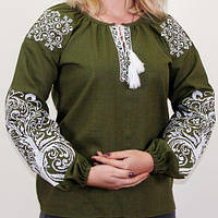 Вышитая блуза "Ольга" (зеленый лен) с белой вышивкой