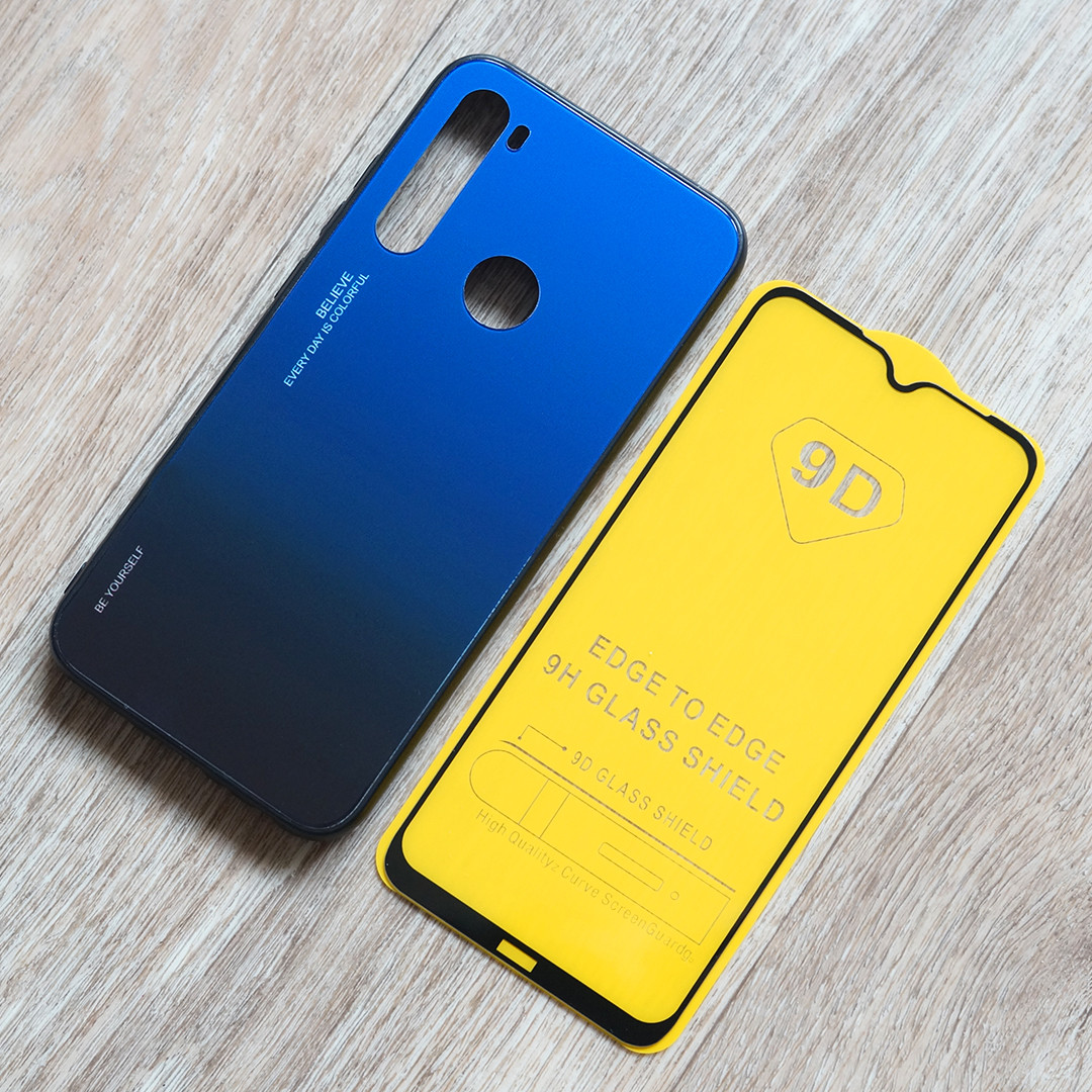 Комплект чохол із градієнтом і захисне скло Full Glue для Xiaomi Redmi Note 8 (синьо-чорний)