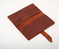 Жіночий шкіряний гаманець портмоне з кишенею для карток і копійок на кнопці лонгер коричневе Promo ручної роботи коньяк