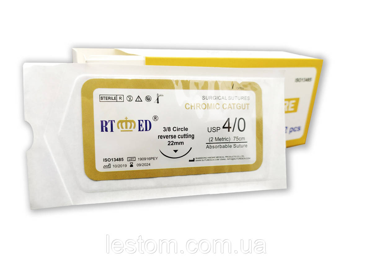 Кетгут хромований RT-med USP 4/0 (EP 2) зі звор. ріж. голкою 22мм 3/8 кола