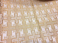 Тканина Парча церковна " Лаврський хрест" 1,55м. Біла з золотом. Ткань церковная