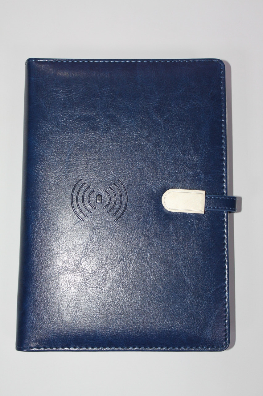 Набір подарунковий блокнот щоденник з вбудованим POWER BANK 16GB флешка ручка коробка синій