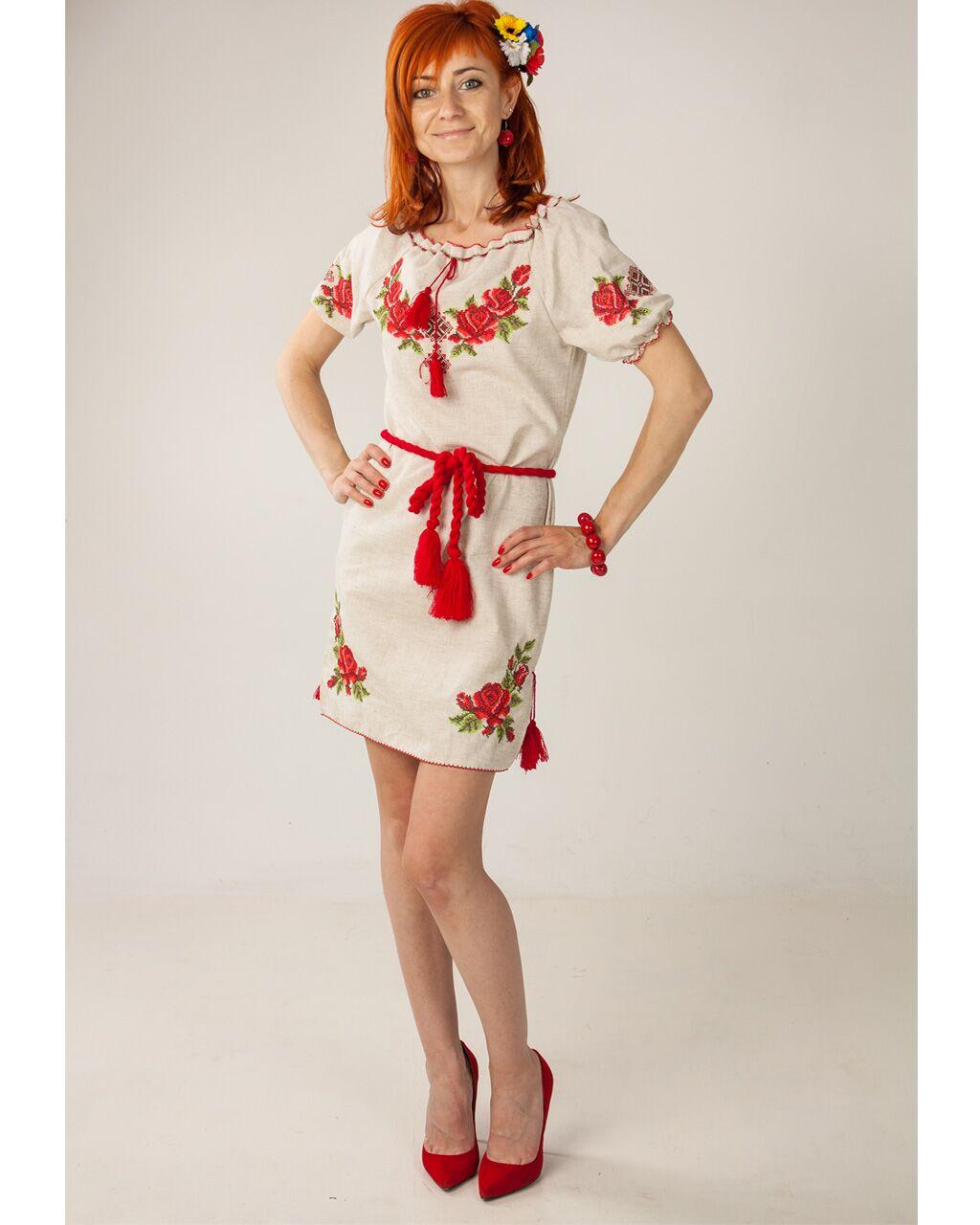 Вишите плаття Зоряна на сірому льоні з коротким рукавом, фото 1