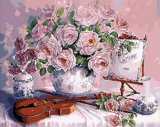 Картина за номерами 40х50 см Mariposa Turbo Скрипка та рожевий букет