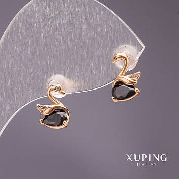Сережки Xuping пусети кульчики Лебеді з каменем колір чорний 10х7мм позолота 18к