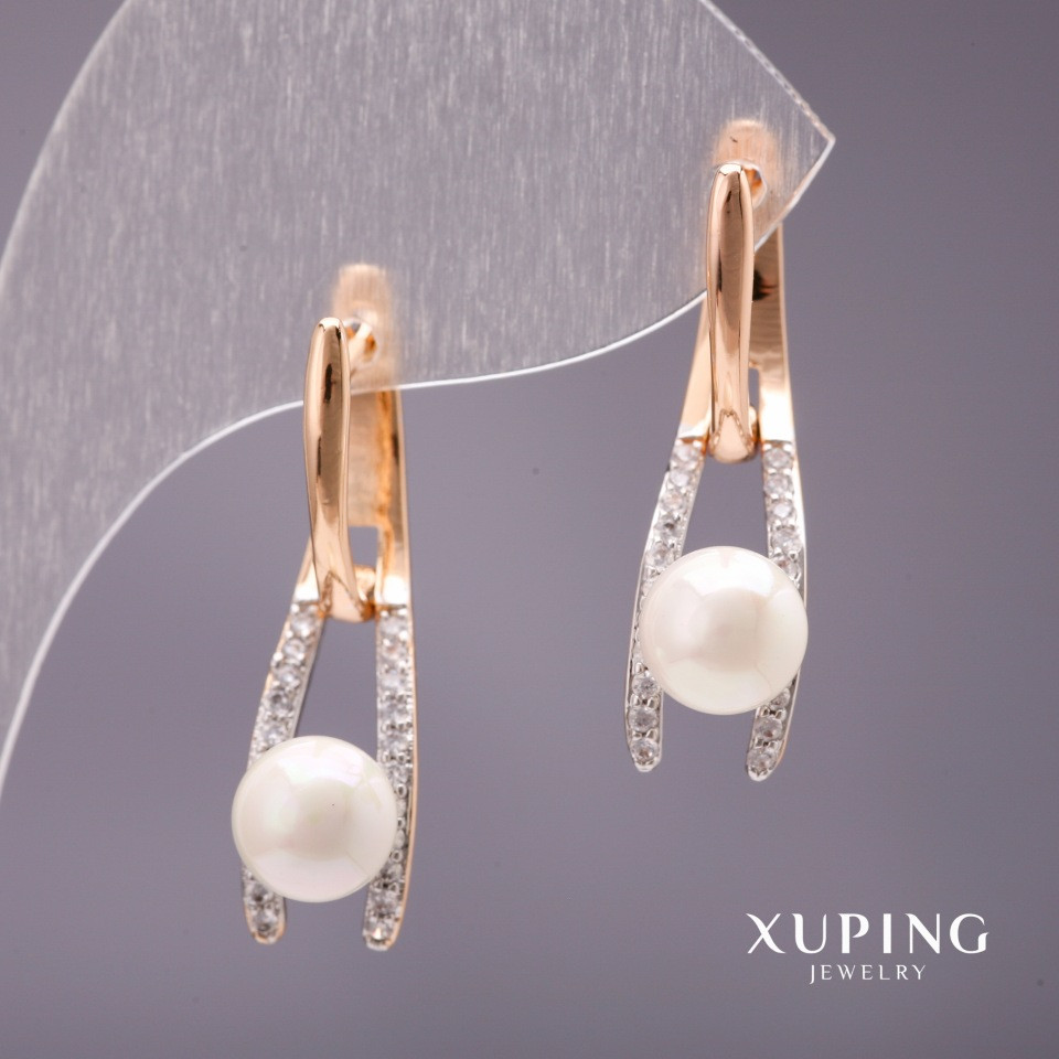 Сережки Xuping з перлами Майорка колір білий 28х8мм позолота 18к