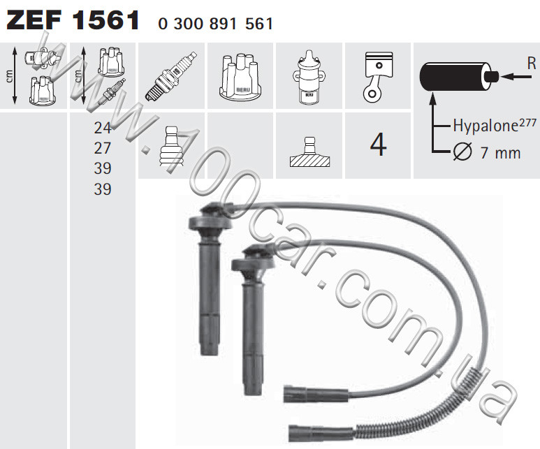 ZEF 1561, Дроти запалювання Beru (к-т) SUBARU FORESTER 2,0, IMPREZA 2,0, LEGACY III 2,0–2,5, OUTBACK 2,5