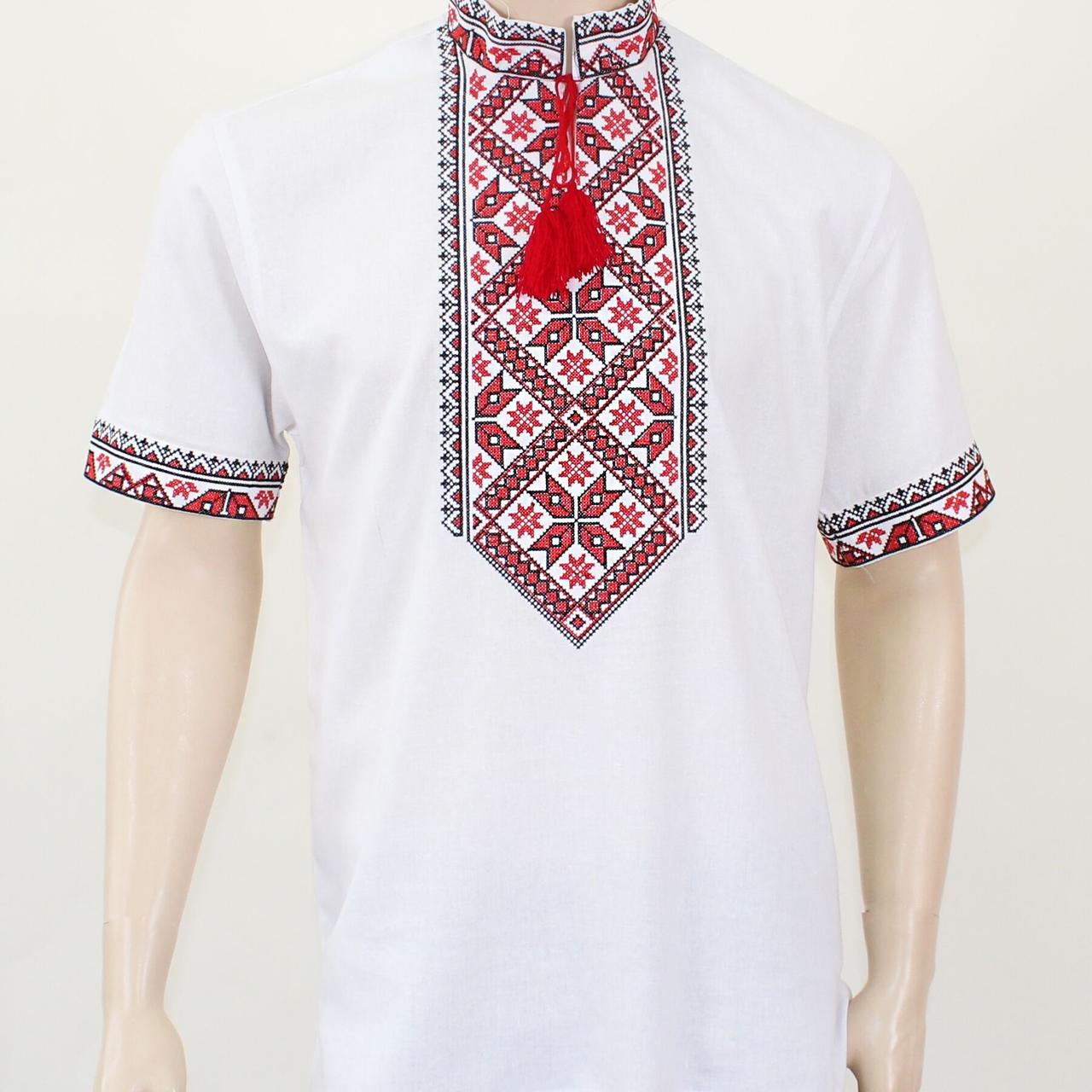 Чоловіча вишиванка "Матвій" (Льон) з коротким рукавом червона вишивка, фото 1
