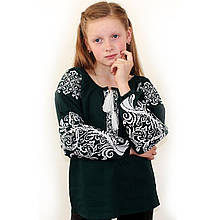 Дитяча вишита блуза "Ольга" на зеленого льоні з білою вишивкою
