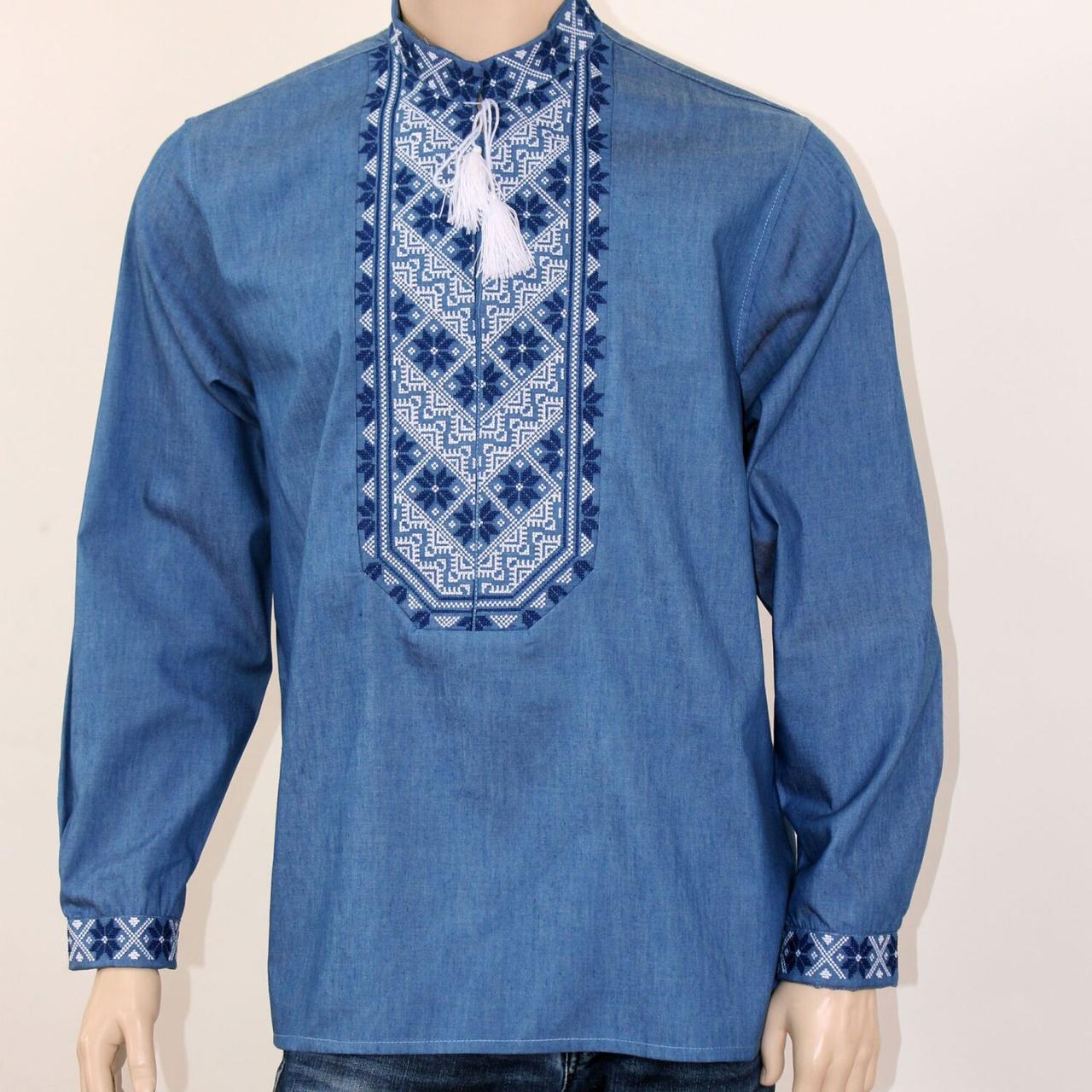 Чоловіча вишиванка Микола джинс із біло-синьою вишивкою, фото 1