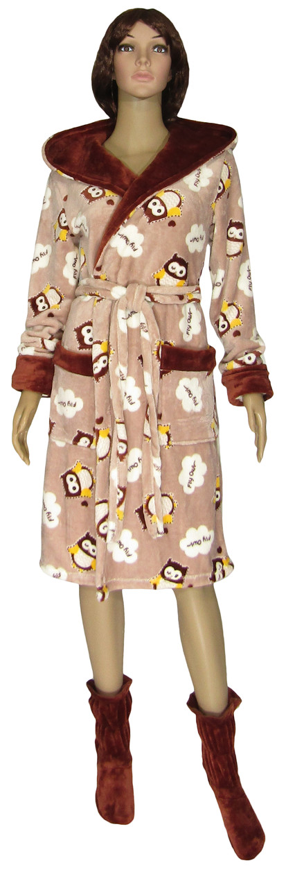 Халат женский махровый с двойным капюшоном и махровые сапожки 19079 18205-1 Совы коричневый вельсофт - фото 2 - id-p1102415057