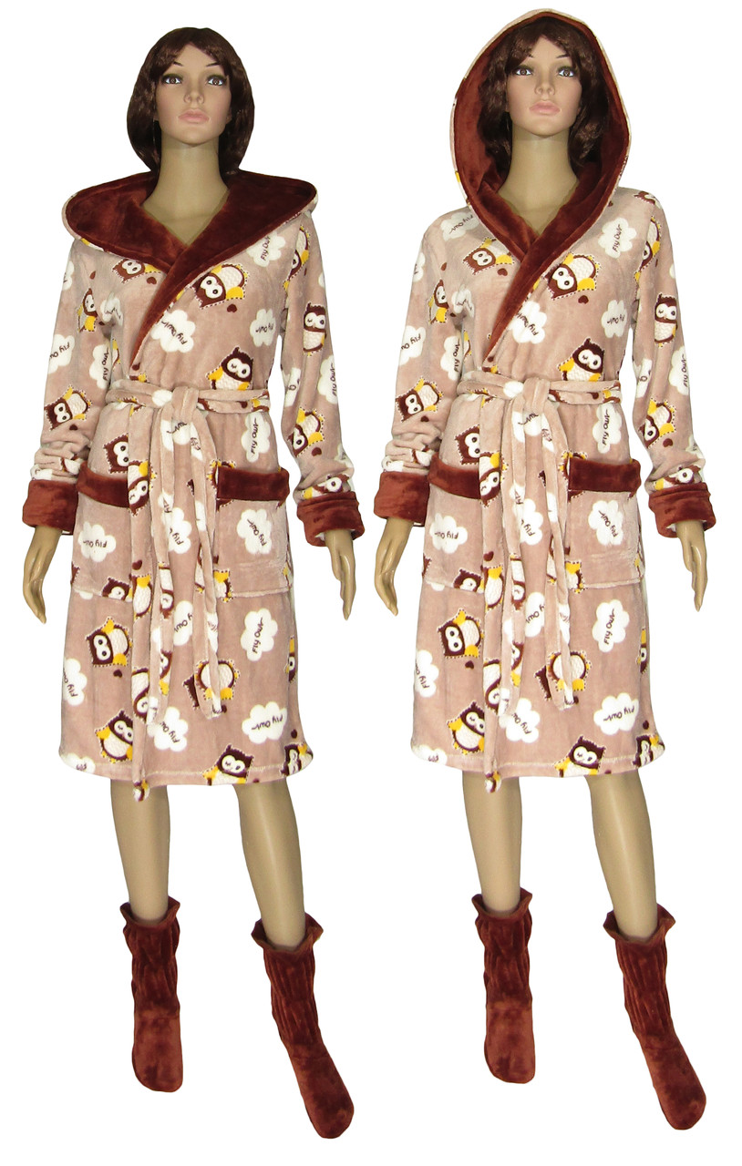 Халат женский махровый с двойным капюшоном и махровые сапожки 19079 18205-1 Совы коричневый вельсофт - фото 1 - id-p1102415057