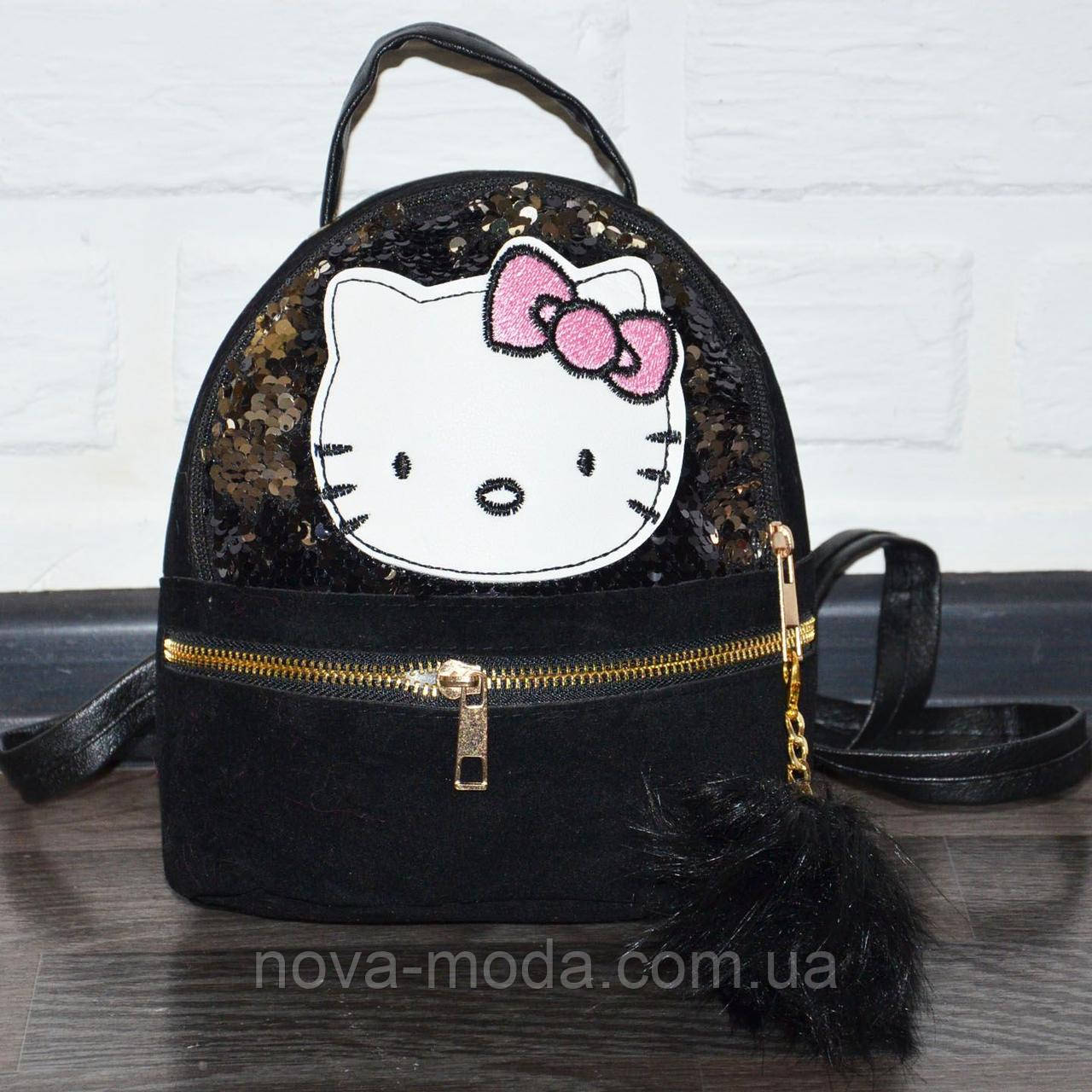 Чорний дитячий рюкзак для дівчинки Хеллоу Кітті (Hello Kitty), замшевий дошкільний рюкзак із паєтками