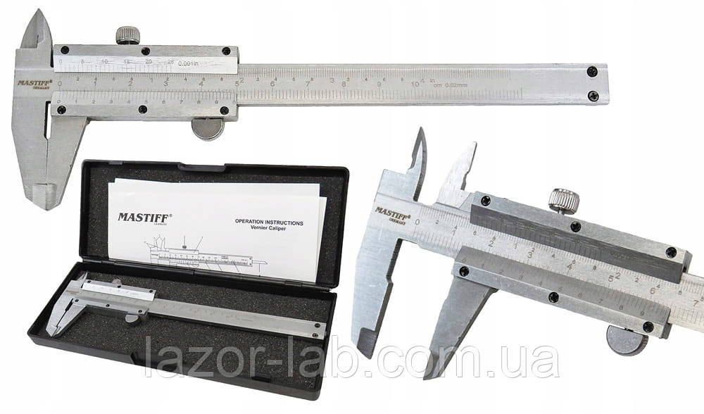 Штангенциркуль Mastiff ШЦ-100 (0-100 мм; ±0,02 мм) з глибиноміром. Германия