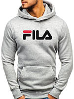 Мужская толстовка Fila (Фила) светло серая (большая эмблема) кенгуру худи