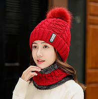 Женский вязаный комплект шапка и короткий шарф-хомут Bono 3650 red