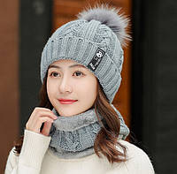 Женский вязаный комплект шапка и короткий шарф-хомут Bono 3650 gray