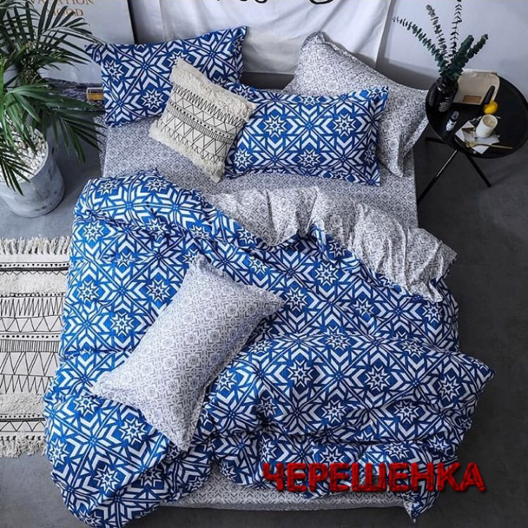 Тканина для постільної білизни Бязь "Gold" Lux GL1243 (A+B) - (50м+50м) синя з білим орнаментом