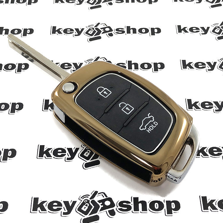 Чехол (золотистый, полиуретановый) для выкидного ключа Hyundai (Хундай) кнопки без защиты - фото 3 - id-p1103207351