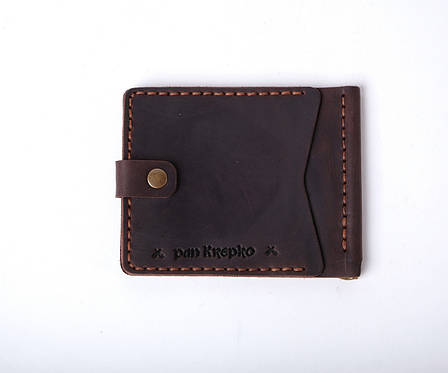 Шкіряний затискач для грошей з кишенею для карток на кнопці жіночий коричневий Zosh, фото 2