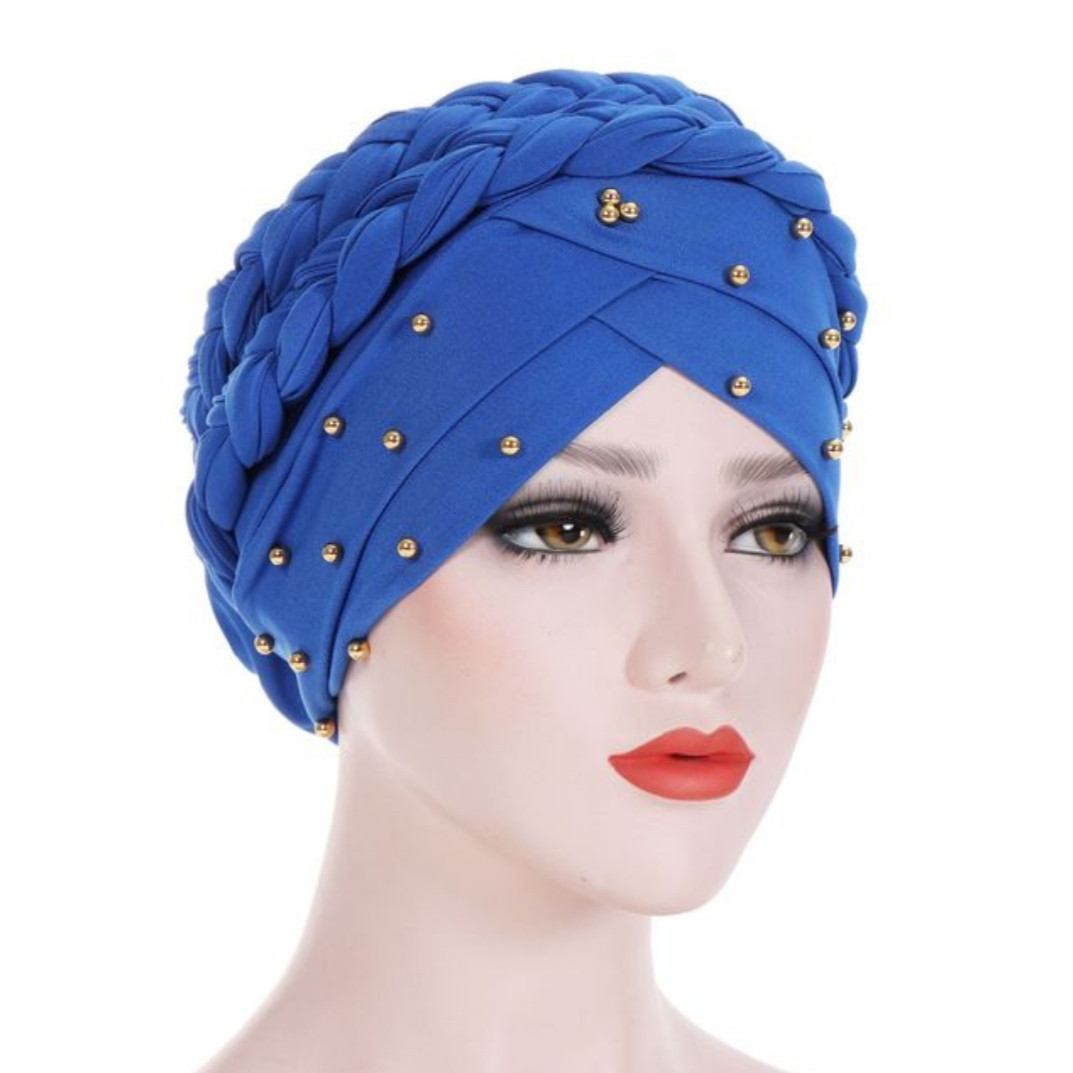Чалма шапка однотонна з намистинами і коса намотування у вигляді гульки яскраво синій, фото 1