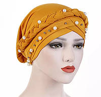 Чалма тюрбан однотонна з косою прикрашена намистинами жовта
