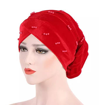 Красива червона шапка чалма тюрбан однотонна оксамитова з намистинами