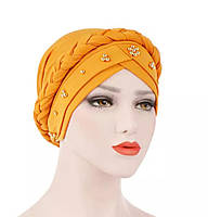 Жовта стильна шапка чалма тюрбан з косою і намистинами