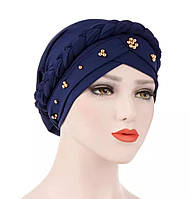 Жіноча шапка чалма темно синя з косою прикрашена намистинами