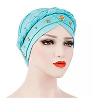 Розкішна чалма хіджаб з косою прикрашена намистинами бірюзова