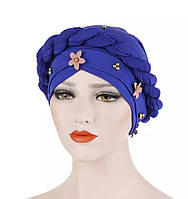 Яскрава шапка чалма однотонна прикрашена намистинами і квітами колір електрик