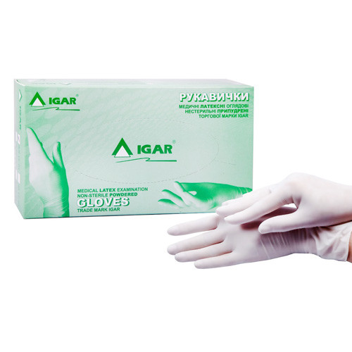 Рукавички латексні оглядові нестерильні припудрені р. XS (5-6) 50 пар Igar, фото 1
