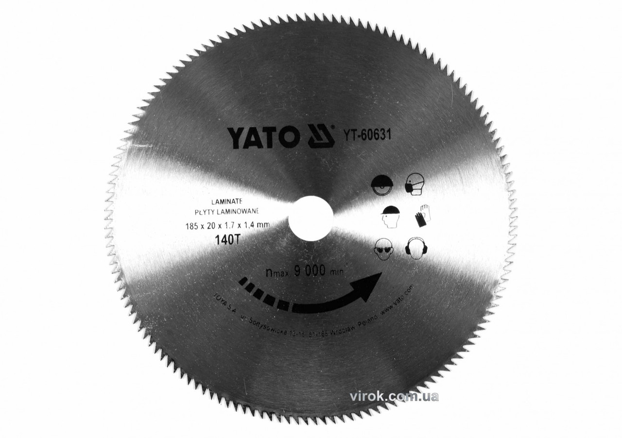 Диск пиляльний з ламінованих плит, ламінату YATO: Ø=180x1.7x20 мм, 140 зубців, R. P. M до 9000 1/хв YT-60631