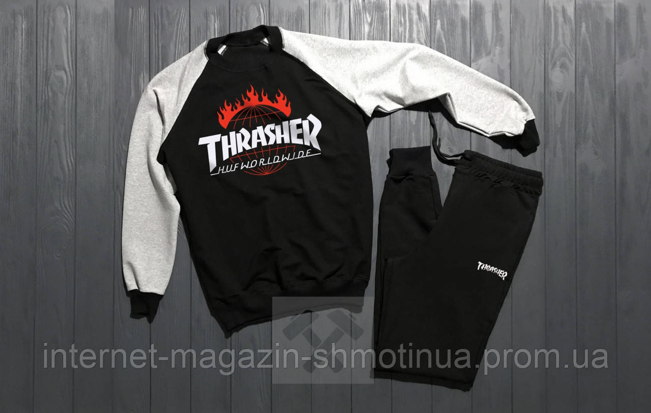 Чоловічий спортивний костюм Thrasher чорний з сірим (люкс) XS