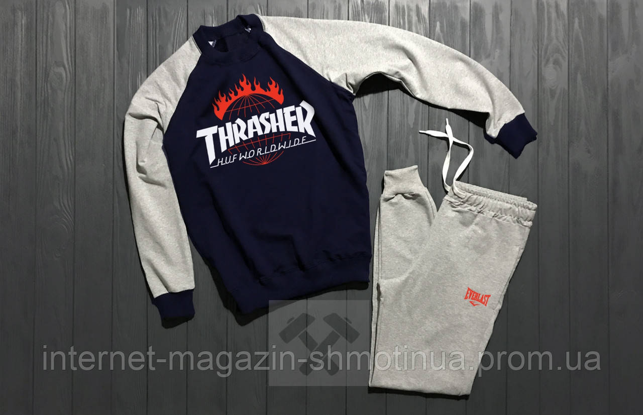 Чоловічий спортивний костюм Thrasher синій з сірим (люкс) XS