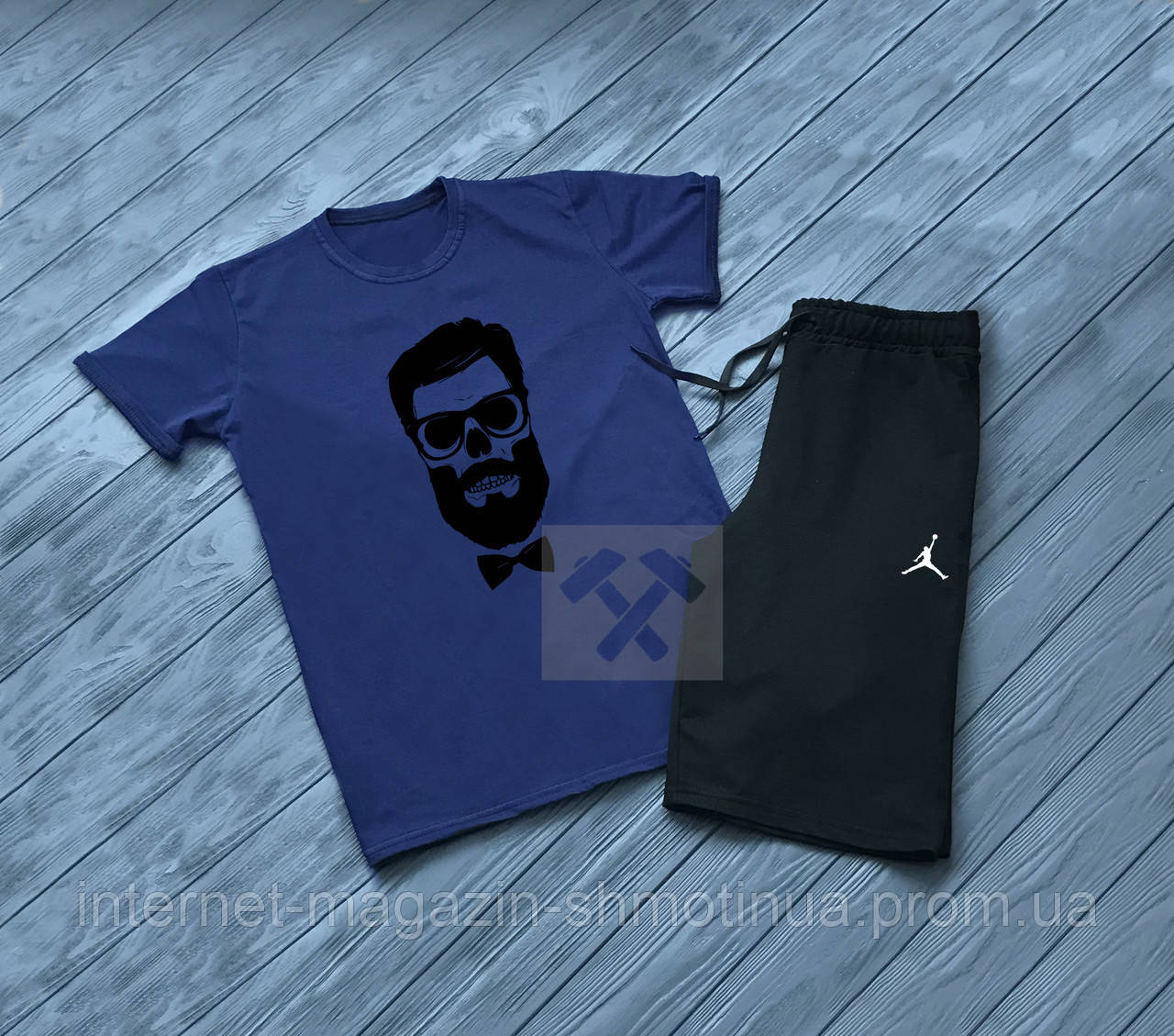 Чоловічий комплект футболка + шорти Jordan синього і чорного кольору (люкс) S