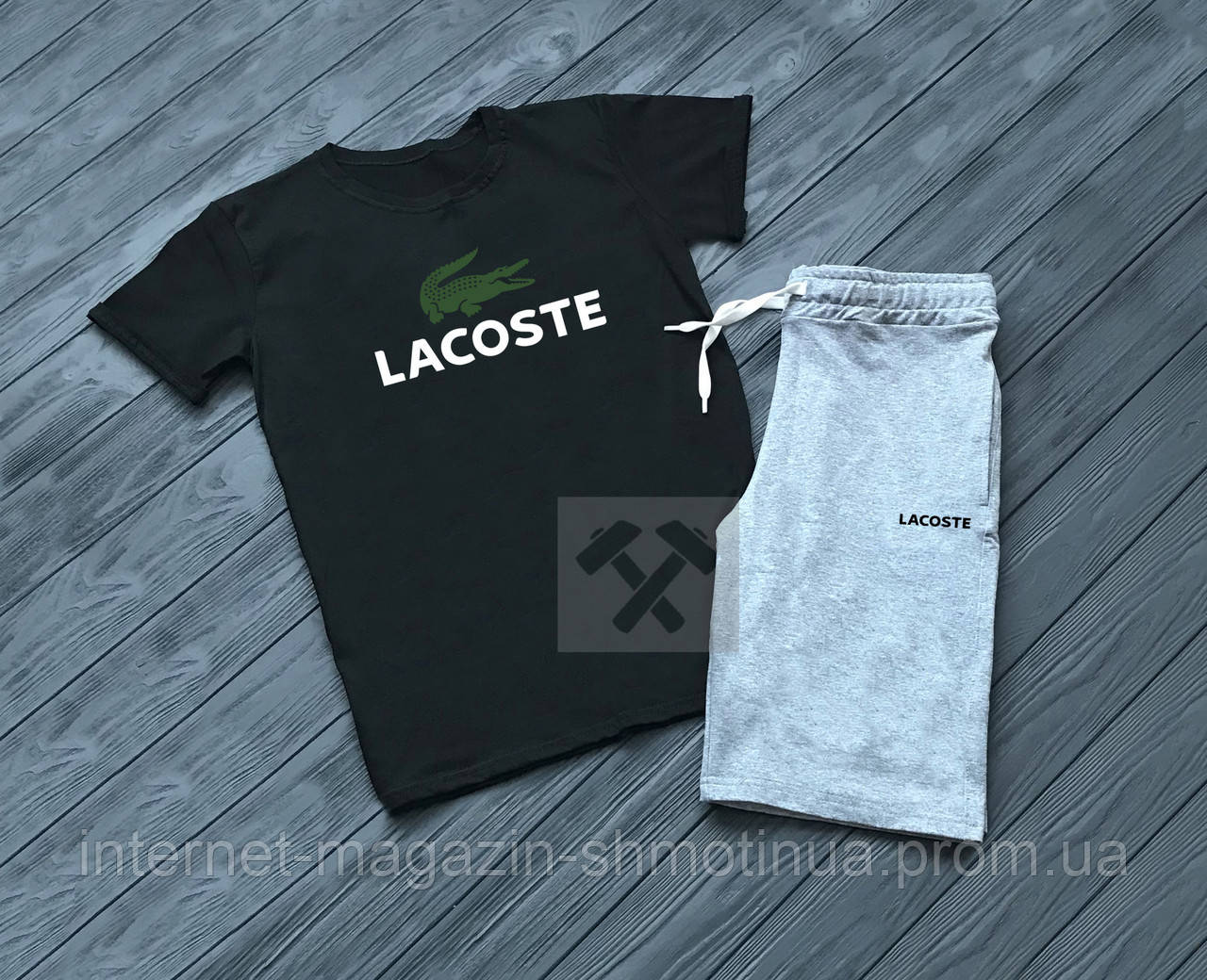 Чоловічий комплект футболка + шорти Lacoste чорного і сірого кольору (люкс) S