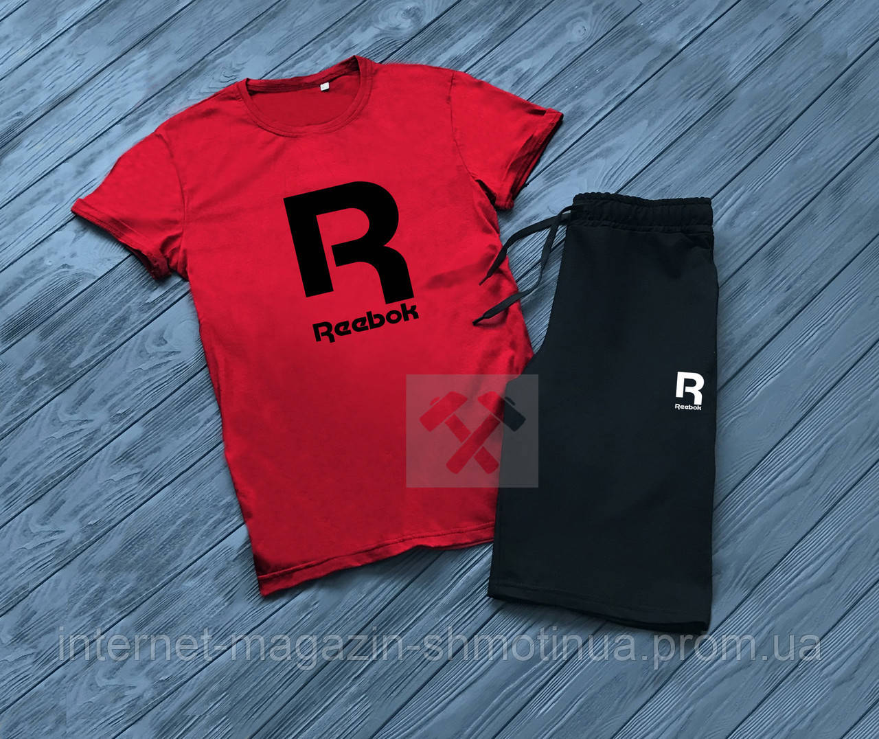 Чоловічий комплект футболка + шорти Reebok червоного і чорного кольору (люкс) S